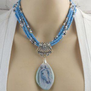 White Horse Blue Agate Necklace Earring Set